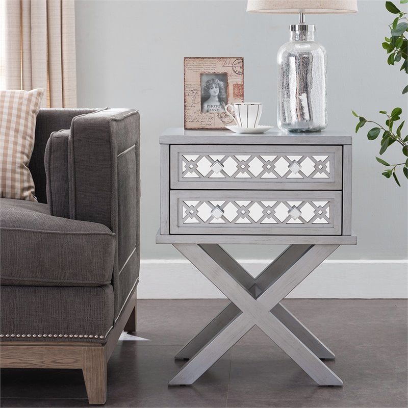 Bowery Hill Diamond Mirrored 2-Drawers Accent End Table in Silver Leaf