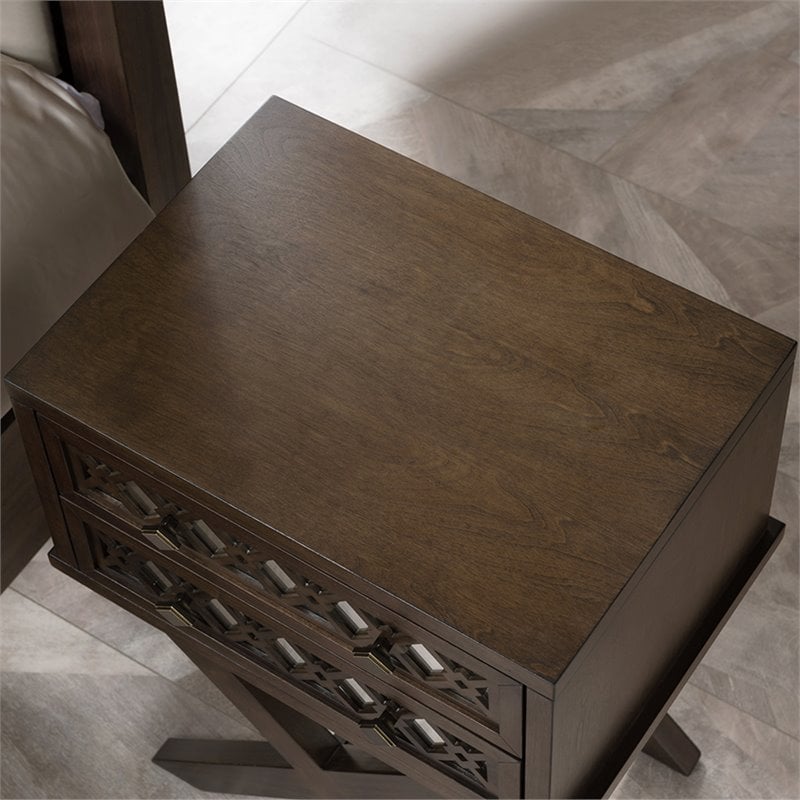 Bowery Hill Diamond Mirrored 2-Drawers Accent End Table in Walnut