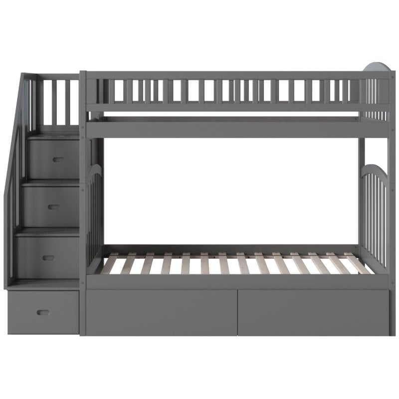 Bowery Hill Solid Wood Staircase Storage Bunk Twin Over Twin in Gray