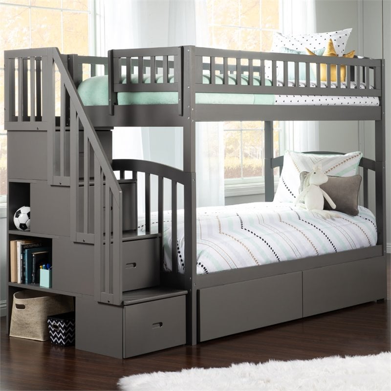 Bowery Hill Solid Wood Staircase Storage Bunk Twin Over Twin in Gray