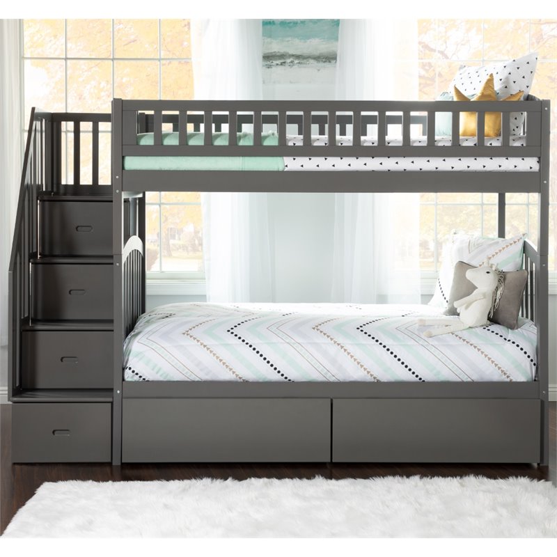 Bowery Hill Solid Wood Staircase Storage Bunk Twin Over Twin in Gray