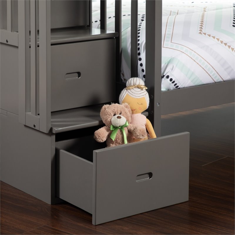 Bowery Hill Solid Wood Staircase Storage Bunk Twin Over Twin in Gray