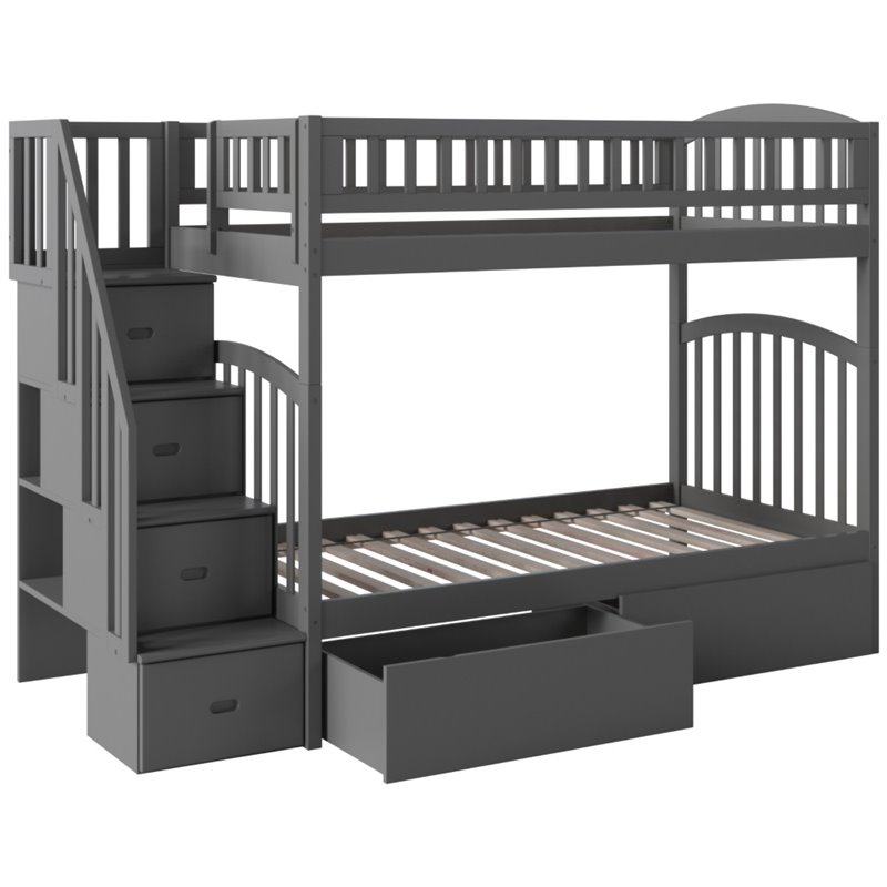 Bowery Hill Solid Wood Staircase Storage Bunk Twin Over Twin in Gray