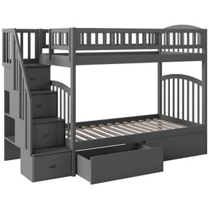 bowery hill solid wood staircase storage bunk twin over twin in gray