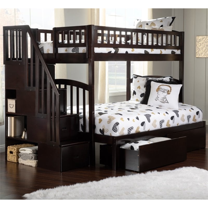 Bowery Hill Traditional Wood Staircase Storage Bunk Twin Over Full in Espresso