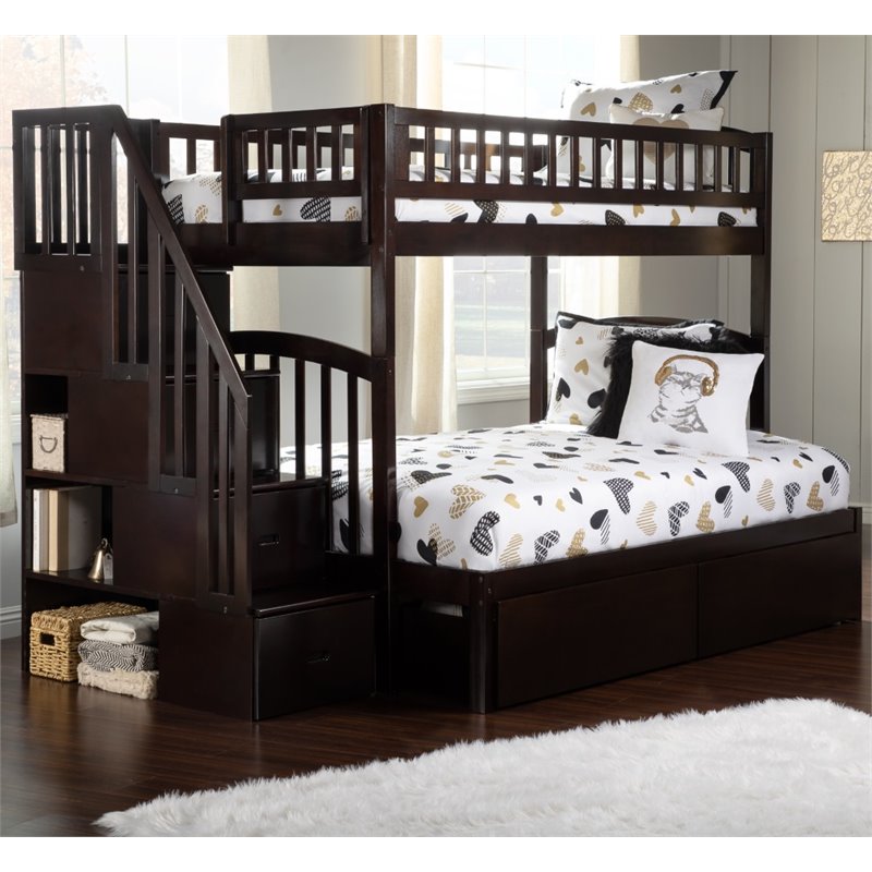Bowery Hill Traditional Wood Staircase Storage Bunk Twin Over Full in Espresso