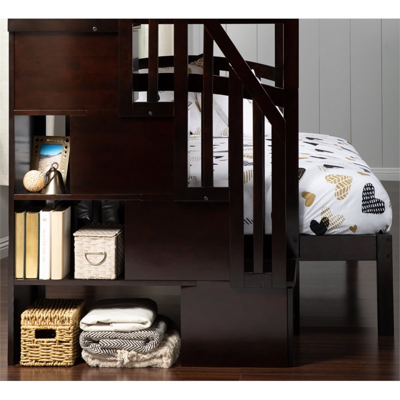 Bowery Hill Traditional Wood Staircase Storage Bunk Twin Over Full in Espresso