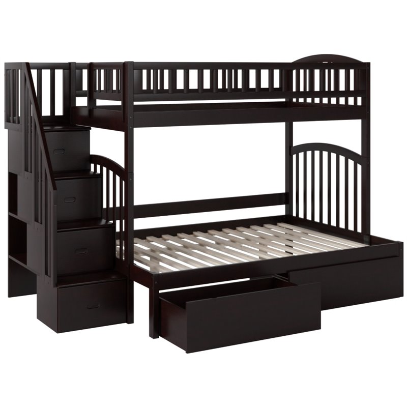 Bowery Hill Traditional Wood Staircase Storage Bunk Twin Over Full in Espresso