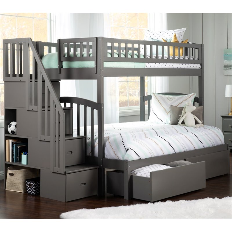 Bowery Hill Solid Wood Staircase Storage Bunk Twin Over Full in Gray