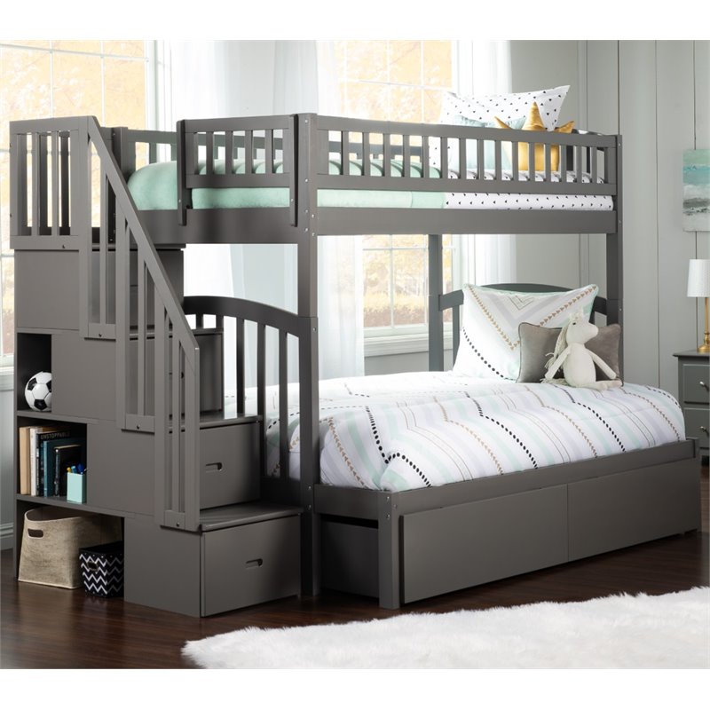 Bowery Hill Solid Wood Staircase Storage Bunk Twin Over Full in Gray