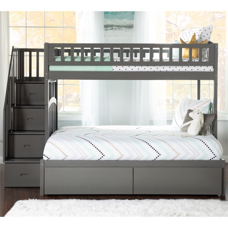 Bowery Hill Solid Wood Staircase Storage Bunk Twin Over Full in Gray