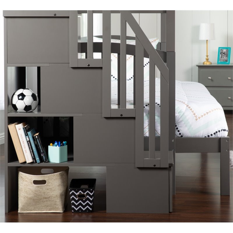 Bowery Hill Solid Wood Staircase Storage Bunk Twin Over Full in Gray