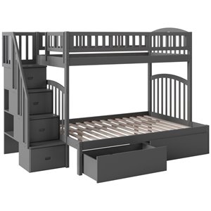 Bowery Hill Solid Wood Staircase Storage Bunk Twin Over Full in Gray
