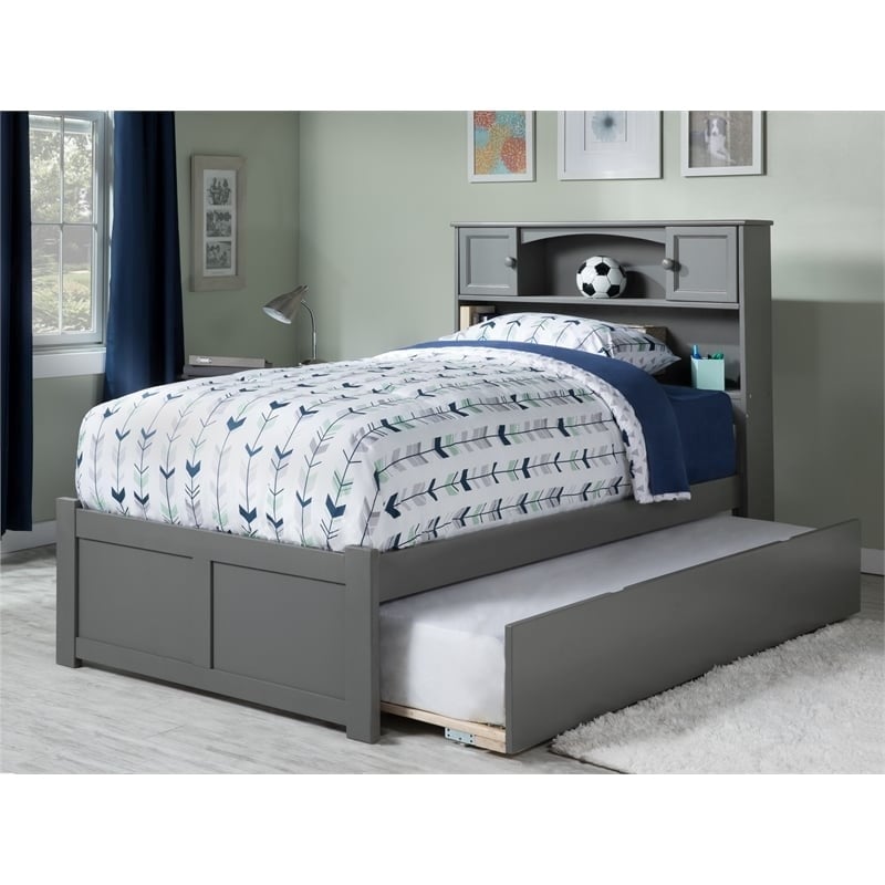 Bowery Hill Farmhouse Solid Wood Bookcase Full Bed with Twin Trundle in Gray