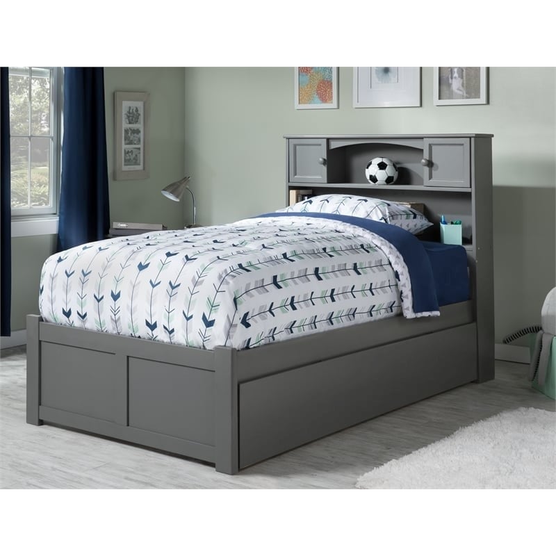 Bowery Hill Farmhouse Solid Wood Bookcase Full Bed with Twin Trundle in Gray