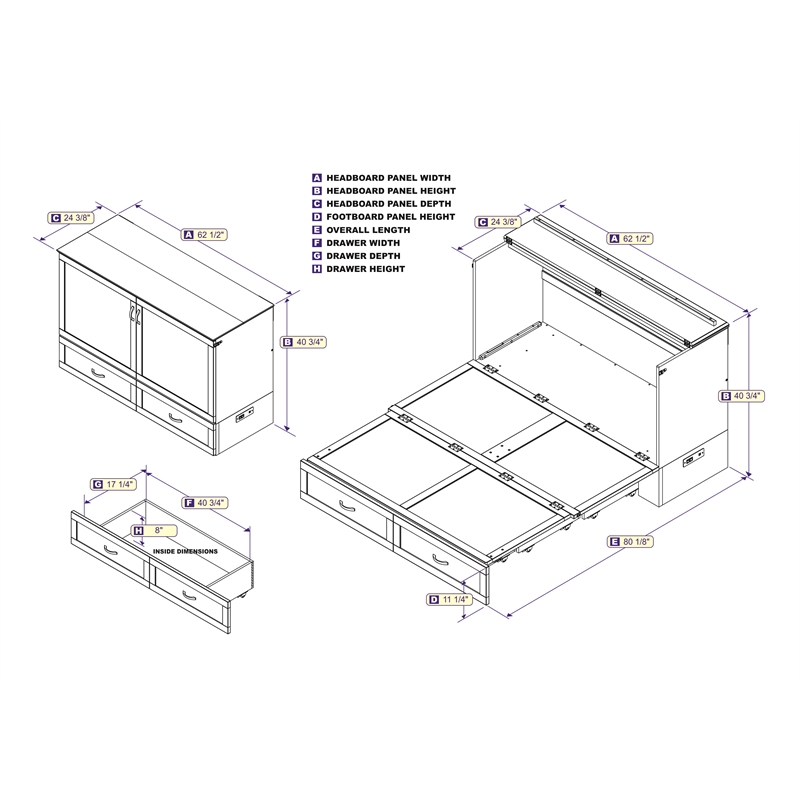 Bowery Hill Traditional Solid Wood Murphy Queen Size Bed Chest in Gray