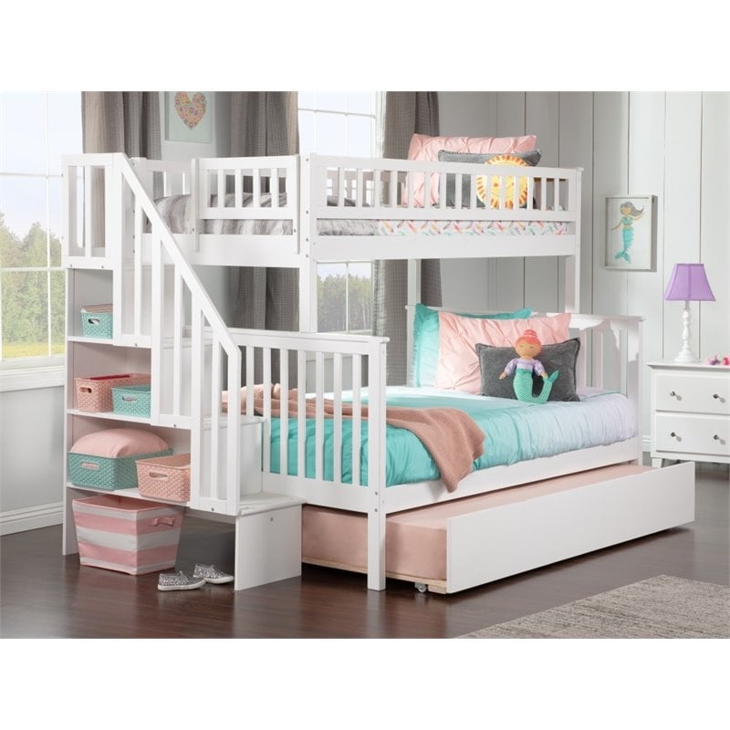 Bowery Hill Traditional Wood Twin over Full Bunk Bed with Trundle in White