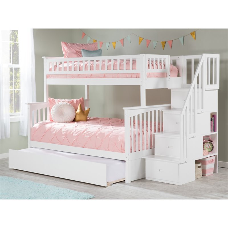 Bowery Hill Traditional Solid Wood Twin over Full Bunk Bed with Trundle in White