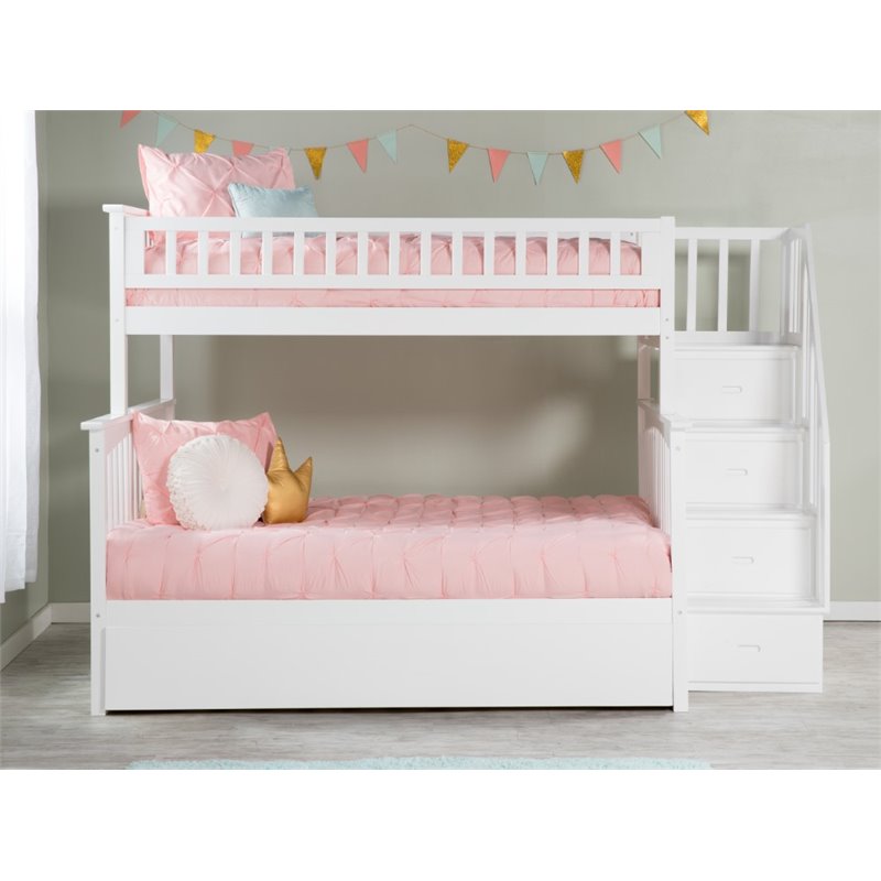 Bowery Hill Traditional Solid Wood Twin over Full Bunk Bed with Trundle in White