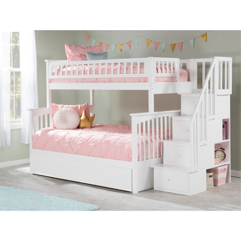 Bowery Hill Traditional Solid Wood Twin over Full Bunk Bed with Trundle in White