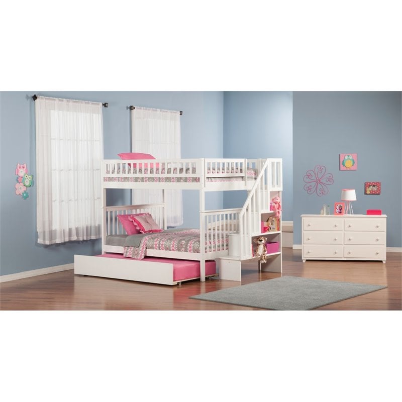 Bowery Hill Traditional Solid Wood Full over Full Bunk Bed with Trundle in White