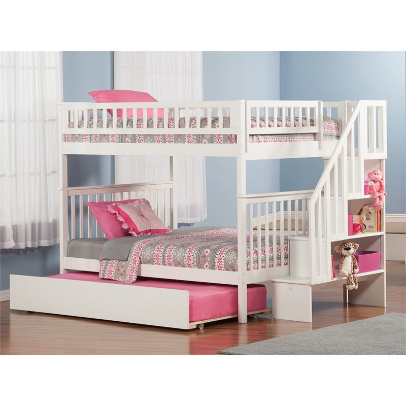 Bowery Hill Traditional Solid Wood Full over Full Bunk Bed with Trundle in White
