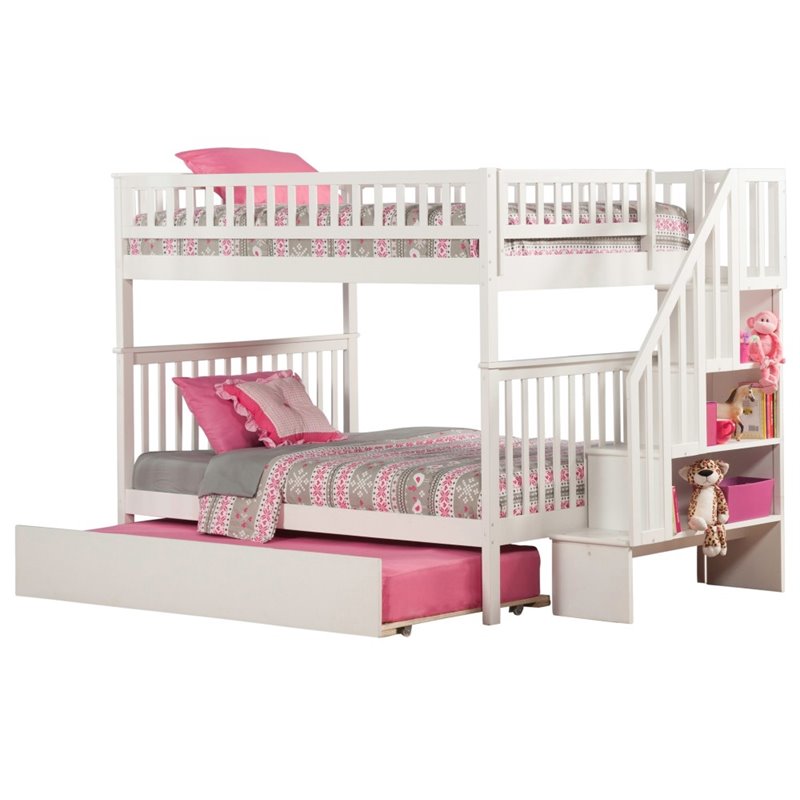 Bowery Hill Traditional Solid Wood Full over Full Bunk Bed with Trundle in White