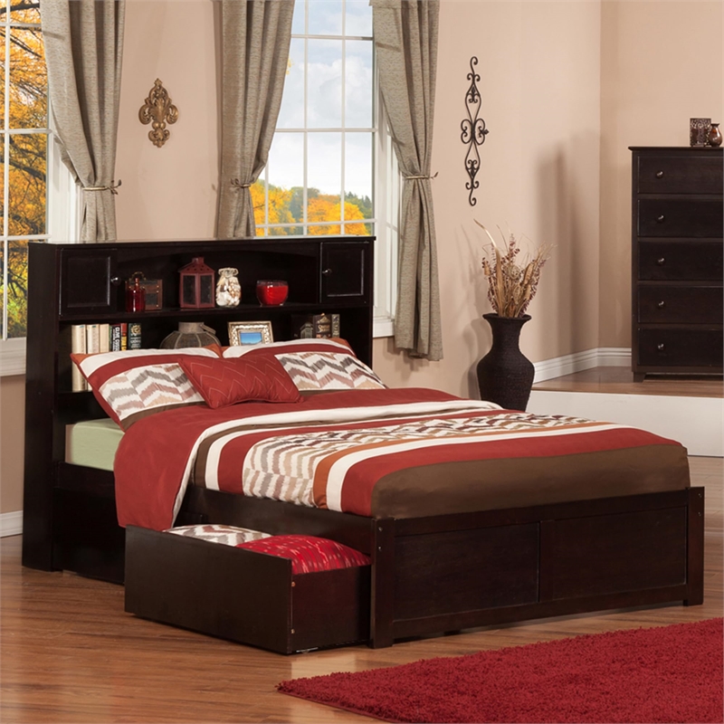 Bowery Hill Solid Wood Bookcase Storage Full Bed in Gray