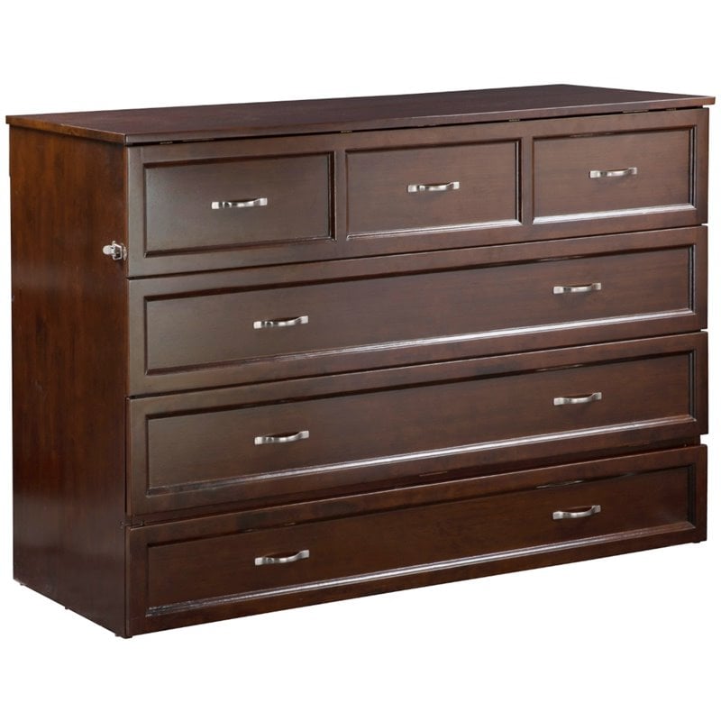Bowery Hill Queen Traditional Solid Wood Murphy Bed Chest w/ Mattress in Walnut