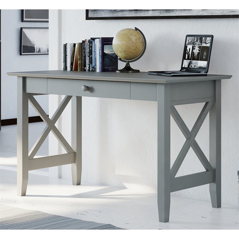 Bowery Hill Farmhouse Solid Wood Writing Desk with Felt Lined Drawer in Gray