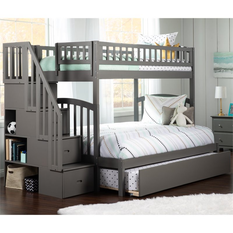 Bowery Hill Solid Wood Staircase Bunk Twin Over Full with Twin Trundle in Gray