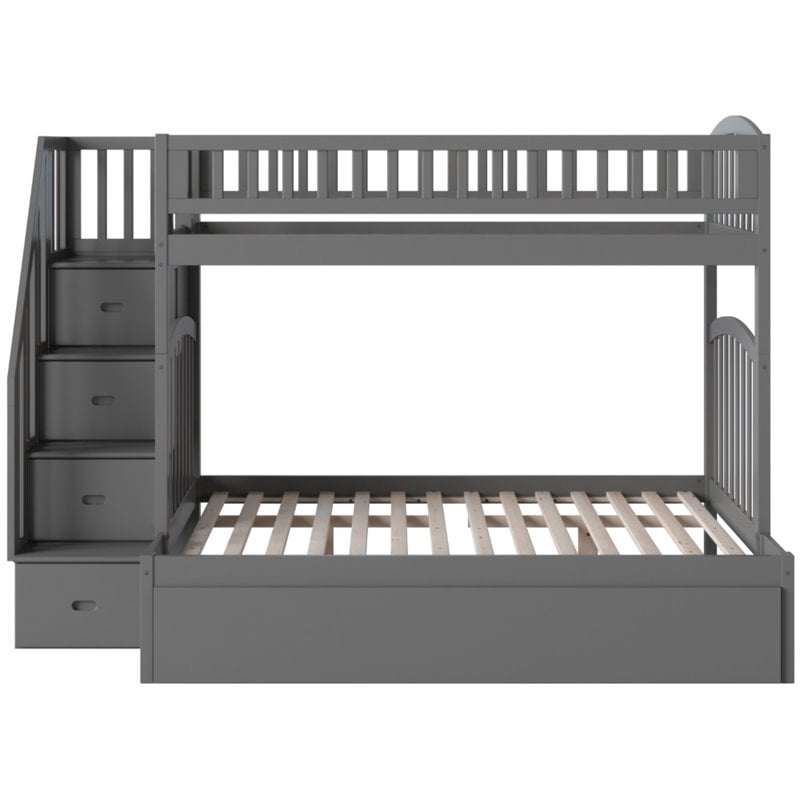 Bowery Hill Solid Wood Staircase Bunk Twin Over Full with Twin Trundle in Gray