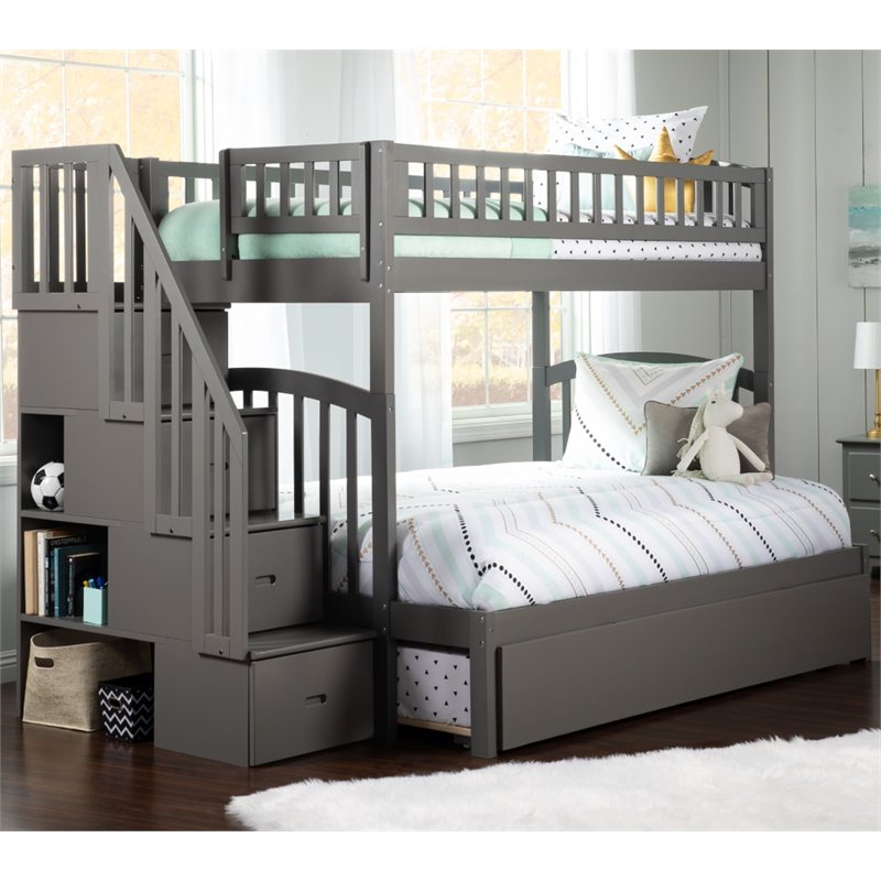 Bowery Hill Solid Wood Staircase Bunk Twin Over Full with Twin Trundle in Gray