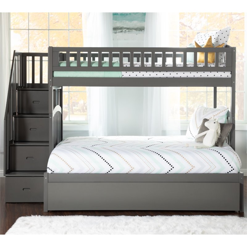 Bowery Hill Solid Wood Staircase Bunk Twin Over Full with Twin Trundle in Gray