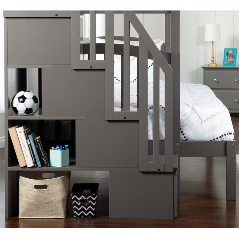 Bowery Hill Solid Wood Staircase Bunk Twin Over Full with Twin Trundle in Gray