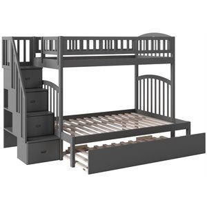bowery hill solid wood staircase bunk twin over full with twin trundle in gray
