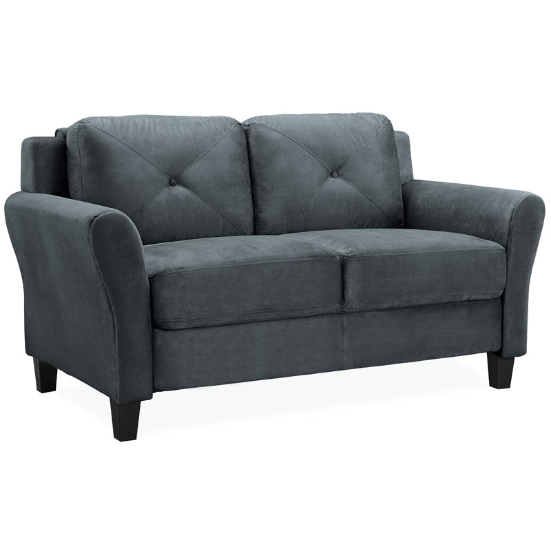 Bowery Hill Rolled Arm Contemporary Microfiber & Wood Loveseat in Dark Gray