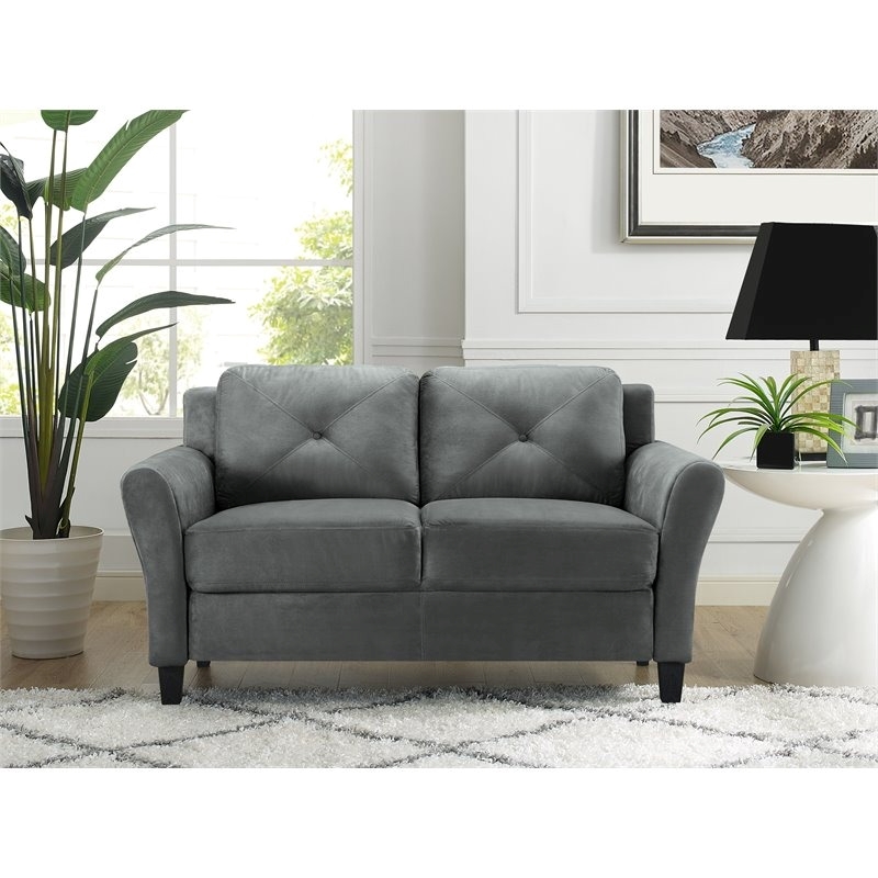 Bowery Hill Rolled Arm Contemporary Microfiber & Wood Loveseat in Dark Gray