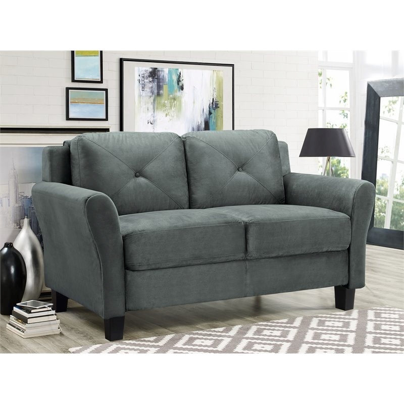 Bowery Hill Rolled Arm Contemporary Microfiber & Wood Loveseat in Dark Gray