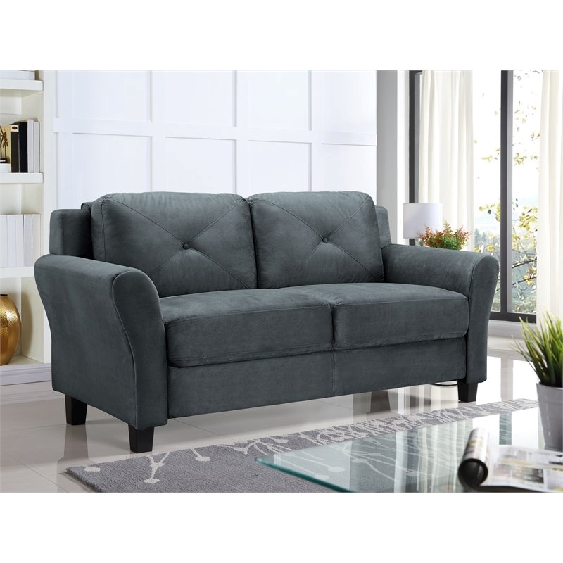 Bowery Hill Rolled Arm Contemporary Microfiber & Wood Loveseat in Dark Gray