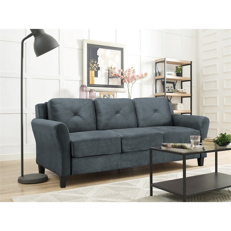 Bowery Hill Rolled Arm Contemporary Microfiber & Wood Sofa in Dark Gray