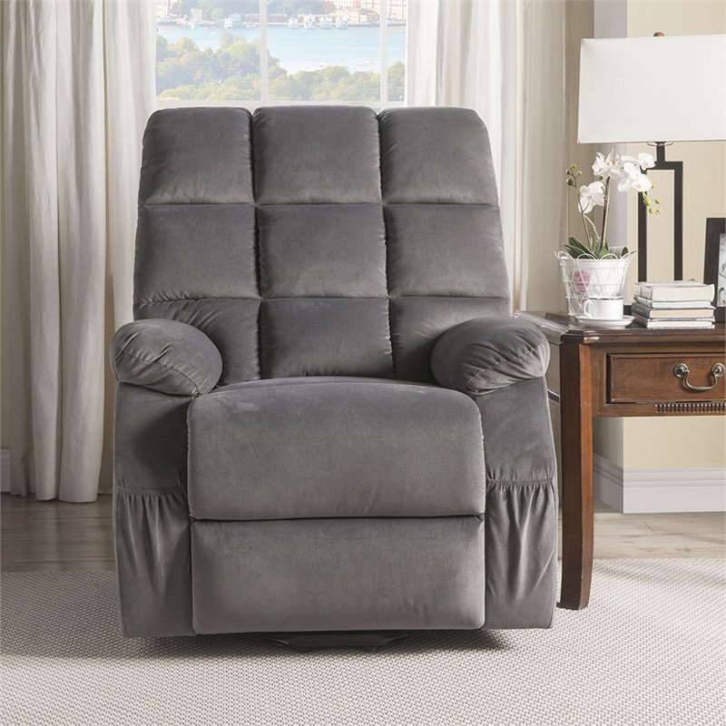 Bowery Hill Velvet Tufted Recliner with Pillowtop Armrests in Gray