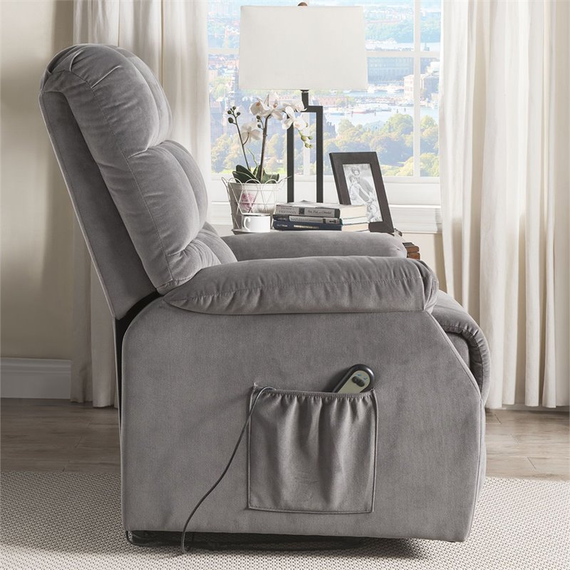 Bowery Hill Velvet Tufted Recliner with Pillowtop Armrests in Gray