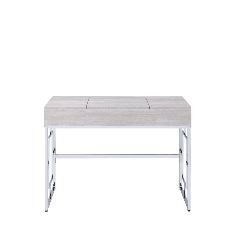 Bowery Hill Vanity Desk with Flip-top Mirror in Chrome and White