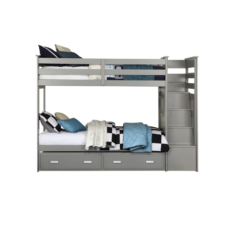 Bowery Hill Twin over Twin Bunk Bed with Storage Ladder and Trundle in Gray