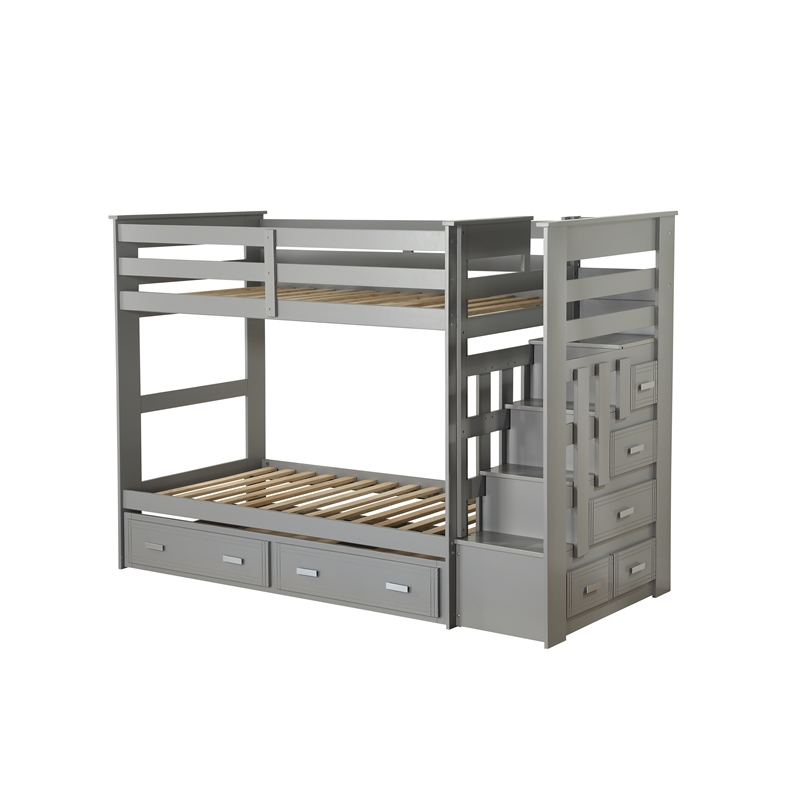Bowery Hill Twin over Twin Bunk Bed with Storage Ladder and Trundle in Gray
