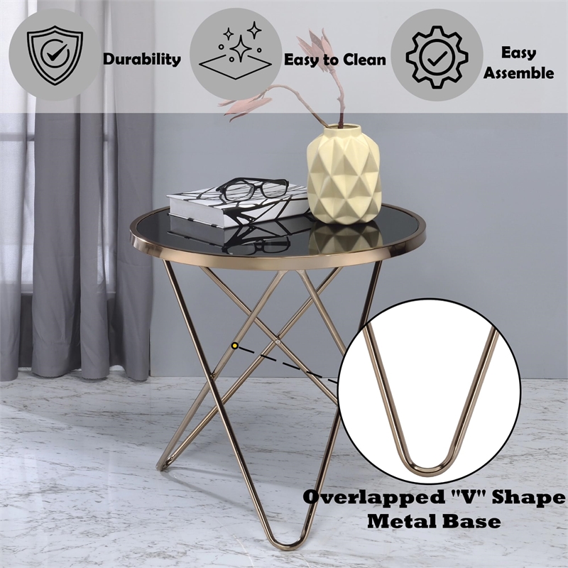 Bowery Hill Round Metal and Glass End Table in Black/Champagne
