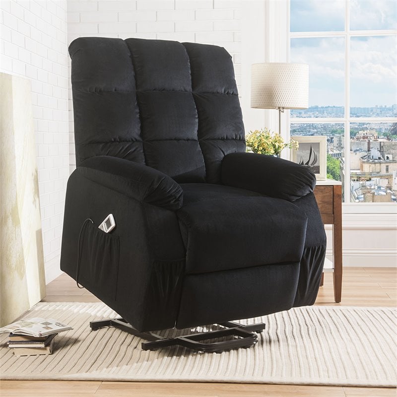 Bowery Hill Velvet Tufted Power and Massage Recliner in Black