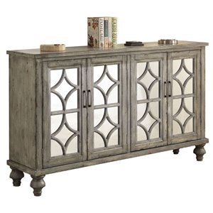 Bowery Hill Console Table with 4 Mirrored Glass Doors in Weathered Gray