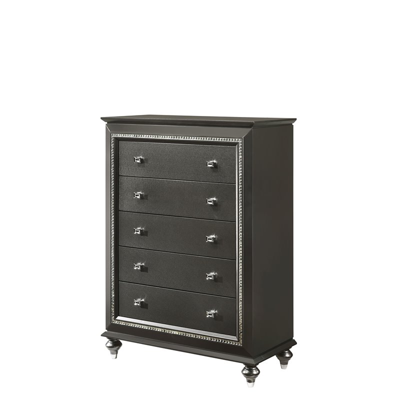 Bowery Hill Contemporary 5 Drawer Chest with Sparkling Trim in Metallic Gray